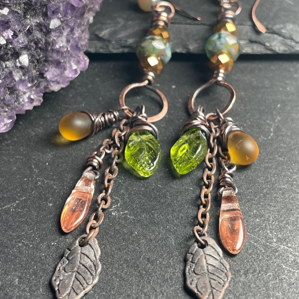 Rustic Copper Leaf Earrings | Woodland Fairycore Jewelry | Artisan - Picture 7 of 15
